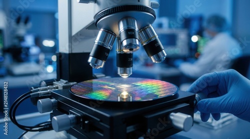High precision engineering and QA development featuring microchip semiconductor testing of a silicon wafer processor in a laboratory
