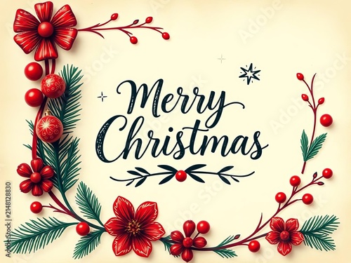 Vintage-inspired merry Christmas card with handwritten calligraphy and hand-drawn decorative elements, illustrated design, retro flair