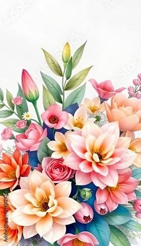 Watercolor painting of lush floral arrangement with soft colors, outdoors, greenery
