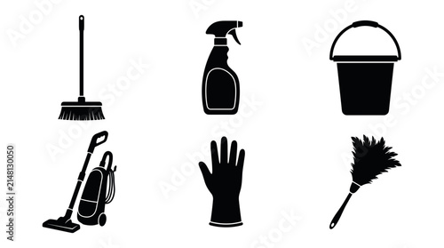 Foto Set of black cleaning equipment silhouettes including broom, spray bottle, bucke