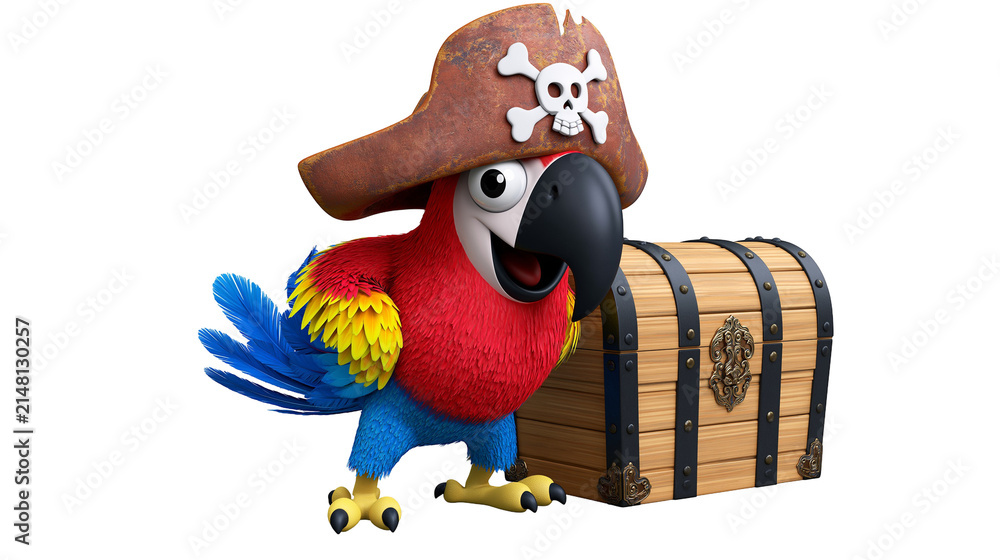 Naklejka premium Cartoon pirate parrot with skull hat next to wooden treasure chest, isolated on transparent background