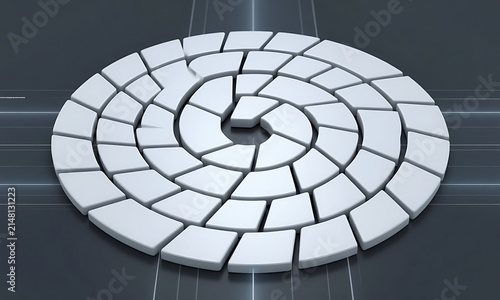 Abstract 3D render of white rounded tiles arranged in a circular spiral pattern over a dark grey surface, tech background
