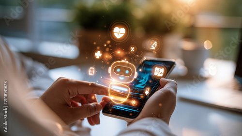 close up of hands holding smartphone with healthcare chatbot interface, digital medical consultation icons, bright clean background, online health support technology, modern