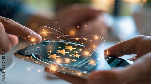 close up of hands holding smartphone with digital rating interface, star review icons, bright clean background, customer feedback technology, service evaluation graphics, modern