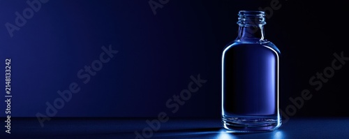 A transparent glass water bottle positioned on the deep indigo background