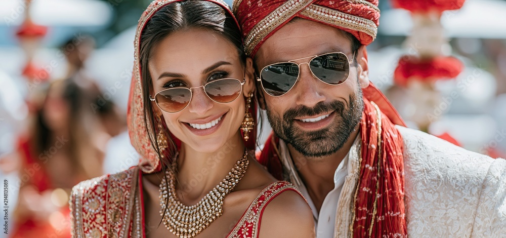 Obraz premium Outdoor wedding celebration featuring an Indian couple dressed in colorful traditional garments with lively decorations.