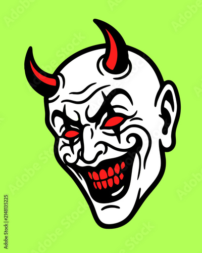 Obraz na plátně Creepy devil face illustration with red eyes and horns.