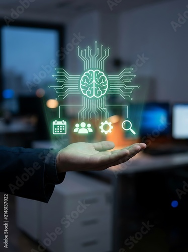 Hand holding glowing ai brain interface with artificial intelligence