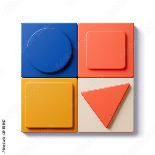 Four square blocks with raised geometric shapes in blue, orange, yellow, and cream