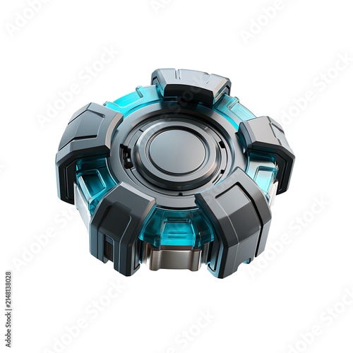 Futuristic circular mechanical device with glowing cyan light accents on a
