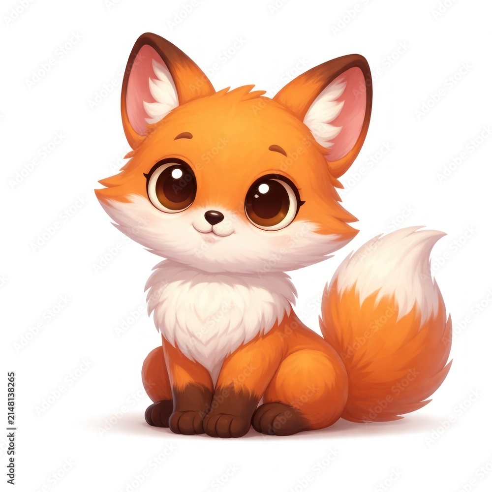 Fototapeta premium Cute cartoon fox with big eyes and fluffy tail, sitting happily.