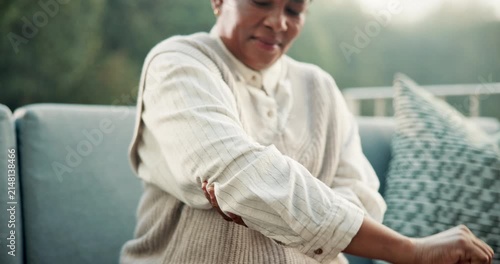 Black woman, discomfort and retirement with elbow pain, inflammation and symptoms for arthritis. Senior person, stretching and injury at house with muscle burnout, rheumatic disease and osteoporosis