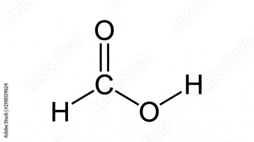 Structural chemical formula diagram of a formic acid molecule featuring a carbon atom double bonded to oxygen and a hydroxyl group on a white background