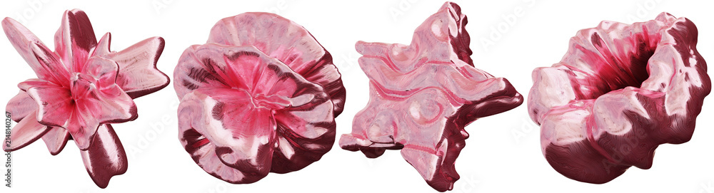 Obraz premium A collection of glossy pink abstract shapes is isolated on a clear background. The shapes are varied in form and design, showcasing a three-dimensional style