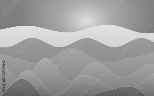 Abstract landscape with layered rolling hills and a glowing sun, featuring soft gray tones and a minimalist mountain horizon