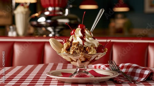 National Banana Split Day: a banana split served in a retro 1950s American diner, red vinyl booth seat, checkered tablecloth, chrome milkshake dispenser blurred in background