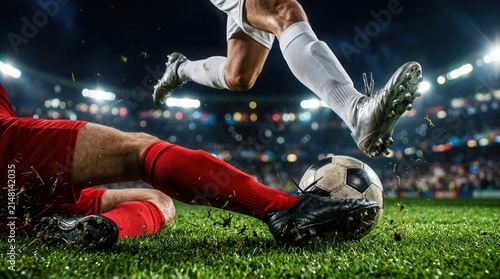 A night stadium pitch scene showing a competitive duel and football sliding tackle moment with airborne legs and ball.