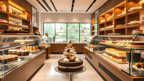 Elegant Bakery Interior with Assortment of Cakes and Pastries.