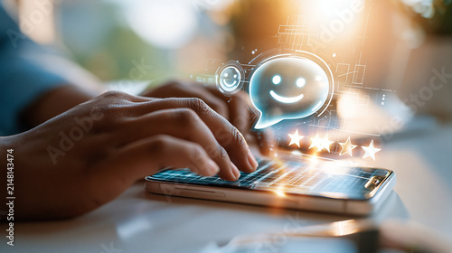 close up of hands typing on smartphone with comment bubble and smile icon interface, rating star graphics, bright clean background, social engagement technology, modern minimalist