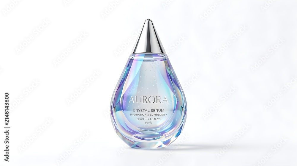 Fototapeta premium A Luxurious Crystal Serum Bottle Featuring Iridescent Glass and Metallic Silver Cap