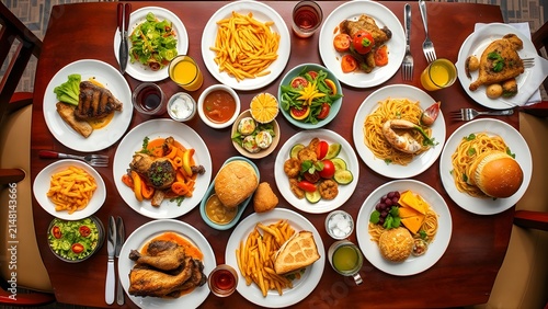 Overhead view of a large wooden dining table laden with a variety of delicious dishes and drinks perfect for a family meal or gathering.
