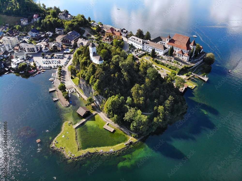 Fototapeta premium Austria drone view. Traunkirchen on beautiful Lake Traun (Traunsee) in Traunviertel region.