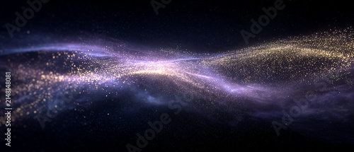 Abstract wave of golden particles and purple light. Luminous glittering dust trail background. Cosmic Particle Overlay Design