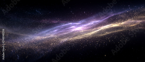 Sparkling golden particle wave with purple nebula light. Abstract glowing dust background. Cosmic Overlay Design