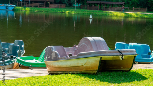 Boats lined up by the water at a park during the afternoon The Augustow Canal on the Vistula River and the Neman River in Belarus Grodno Region on July 25, 2026.