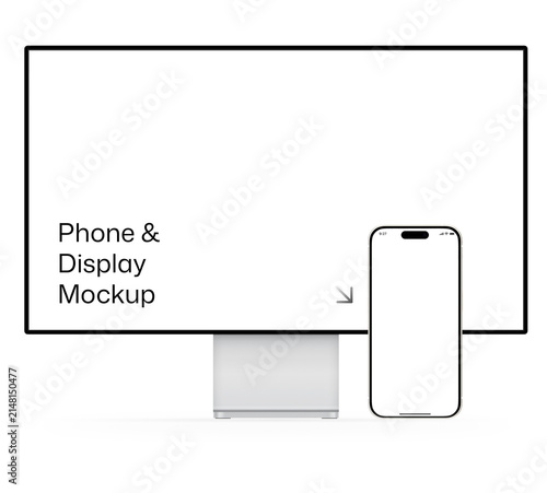 Realistic phone, desktop display mockup template transparent PNG. Smartphone and monitor devices,  presenting mobile app UI designs, website interfaces, responsive web 