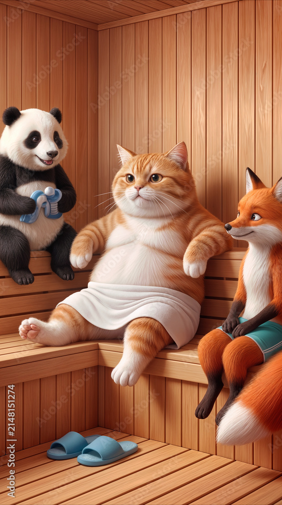 Fototapeta premium Anthropomorphic animals relaxing in wooden sauna. Ginger cat, panda, and fox enjoying spa treatment in steam room.