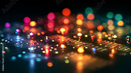 Micro-level detail of quantum dots (semiconductor nanocrystals) being used as qubits, glowing in different colors under laser excitation. 
