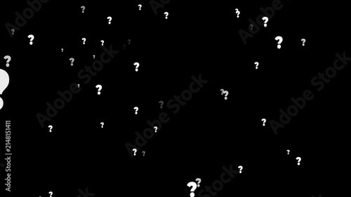 Camera moving through question marks on the alpha channel background. Question marks flying animated. Questions marks animated flying particles black background alpha.4k video animated