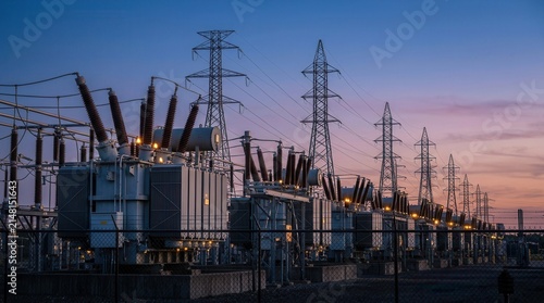 Power substation with aligned industrial electrical transformers under soft evening lights.