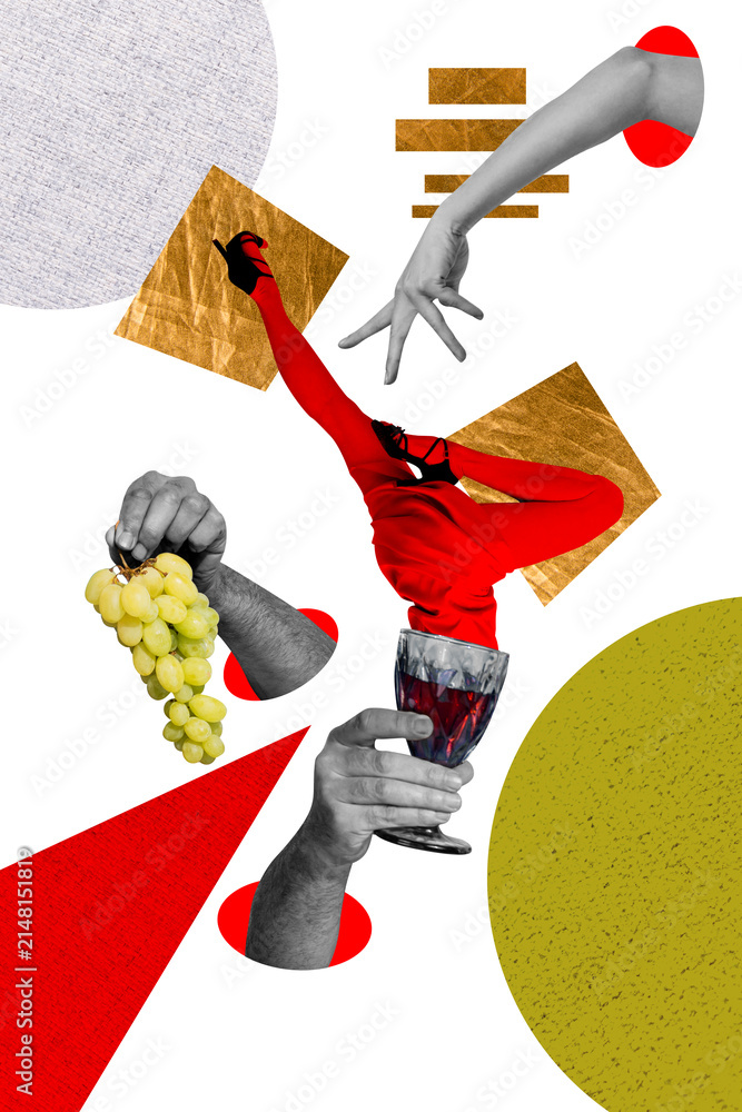 Obraz premium Exclusive image vertical photo collage of anonym girl dive alcohol wine glass beverage toast weekend party celebration grape branch
