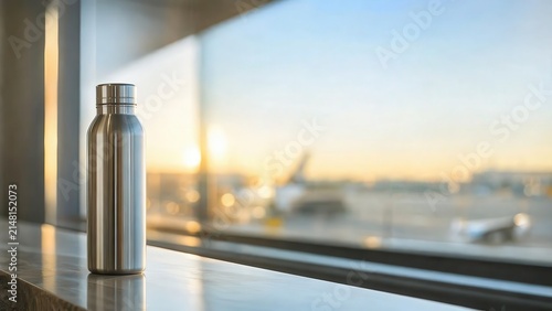 As the sun begins to rise, travelers get ready for their departures, placing their water bottles on a window ledge at the airport