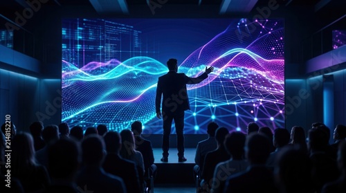 Abstract digital waves and data graphics in the background as a speaker presenting to an audience.