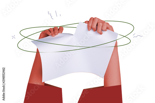 Foto Composite photo collage of two hands tear documents cancel deal refuse paper she