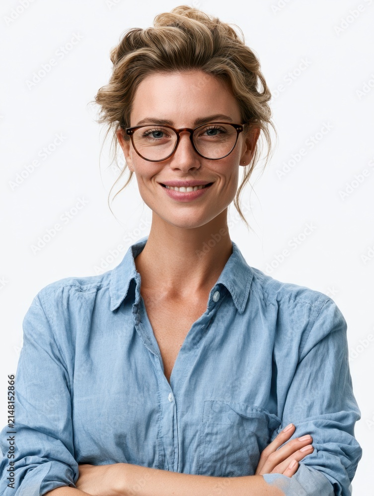 Fototapeta premium Happy businesswoman in glasses and blue shirt, isolated on white background, confident and professional, highly detailed and realistic