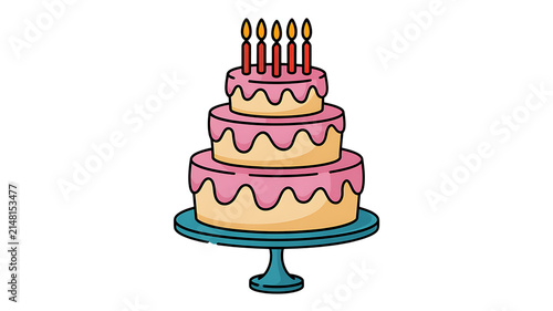 Three-tiered birthday cake with pink frosting and burning candles on a stand vector illustration