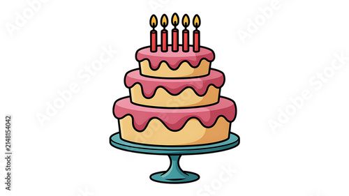 Colorful Three Tiered Birthday Cake with Pink Frosting and Lit Candles on a Stand