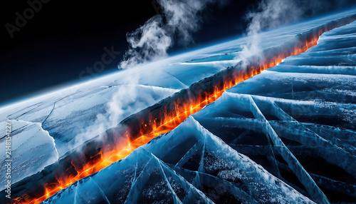 Epic aerial view of glowing orange magma erupting through a massive fissure in a frozen icy planet surface with steam rising into space