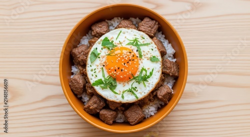 Delicious Japanese Beef Bowl with Fried Egg and Rice, Top View