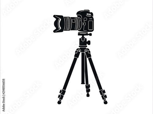 Professional black DSLR camera on tripod silhouette icon for studio photography equipment and digital imaging tools