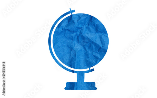 Blue crumpled paper globe icon on a white background