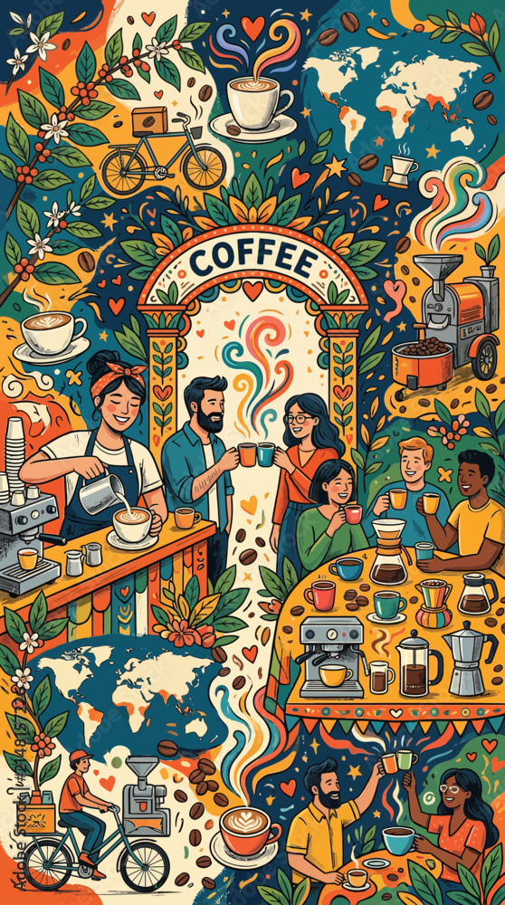 Fototapeta premium Vibrant Coffee Culture Celebration: People Enjoying Drinks, Baristas, Beans