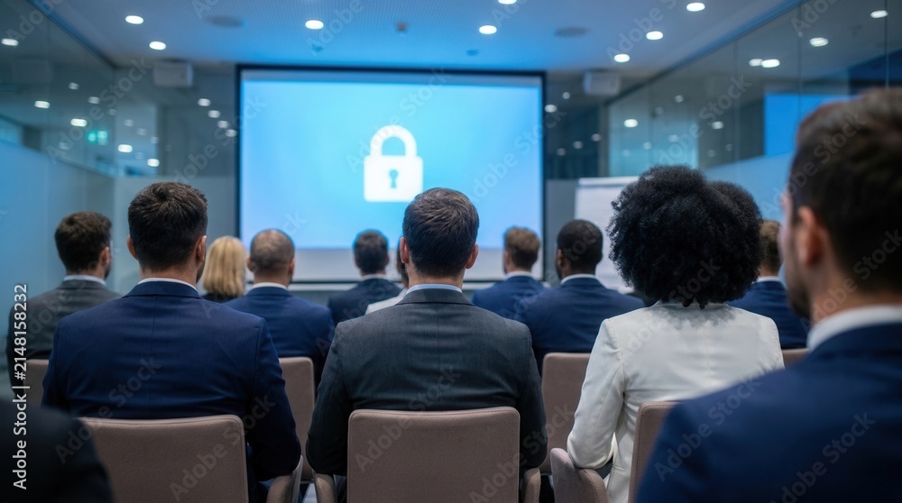 Fototapeta premium Professional audience attending a cybersecurity presentation featuring a digital lock icon on screen, representing data protection and information security awareness.