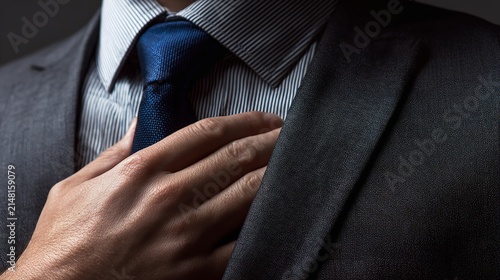 Man adjusts blue tie with gentle hand
