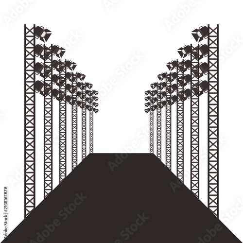 Dark runway or catwalk with rows of spotlights on both sides, shown in a flat vector style.