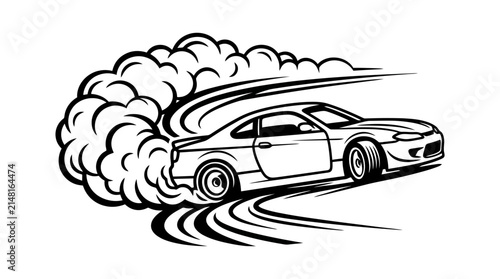 Drift Car Vector Illustration Black Sports Car Burnout Tire Smoke Logo Element Isolated White Background